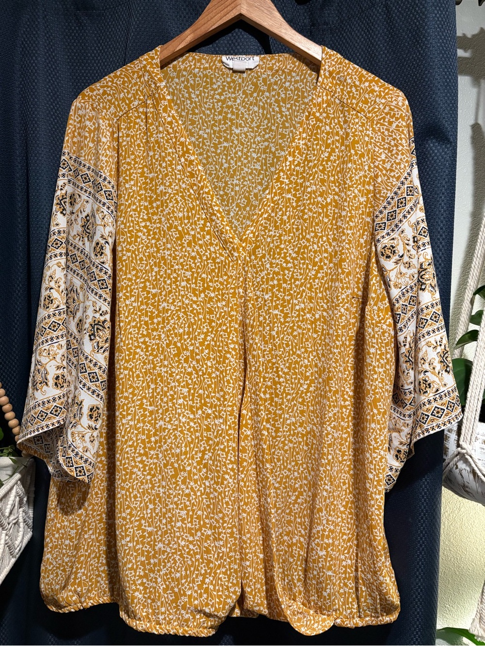 Westport Yellow Floral V-Neck Blouse with Patterned Contrast Sleeves